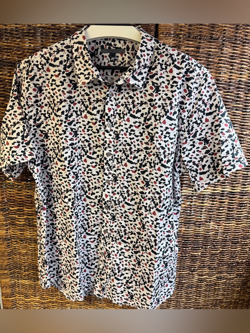 John Varvatos-Men's White Short-Sleeve Button-Up w/Black and Red Print- XXL